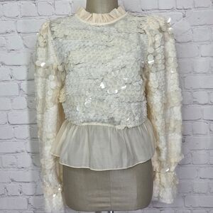 Zara Sequin Cream Blouse Top High Collar Peplum Hem Sheer